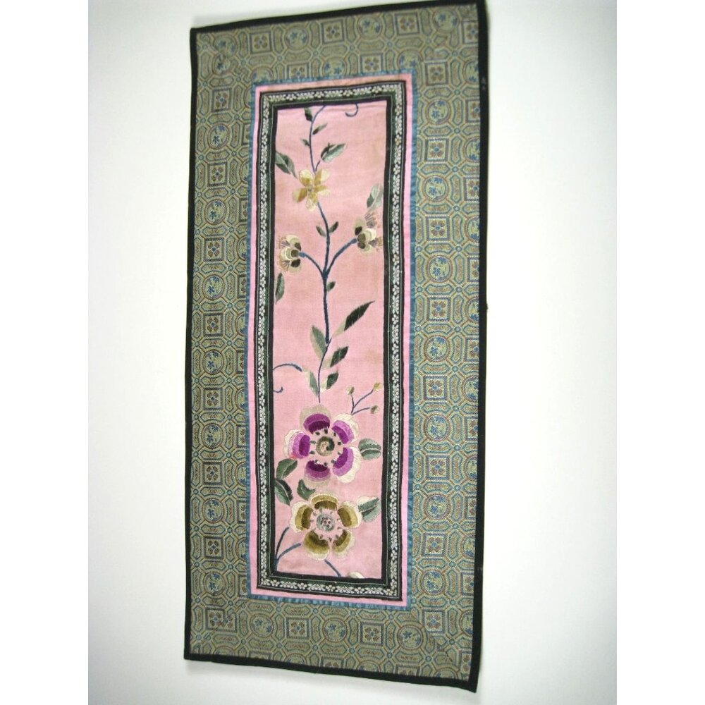 Vintage Chinese Handmade Silk Panel Floral Embroidered Square Flowers